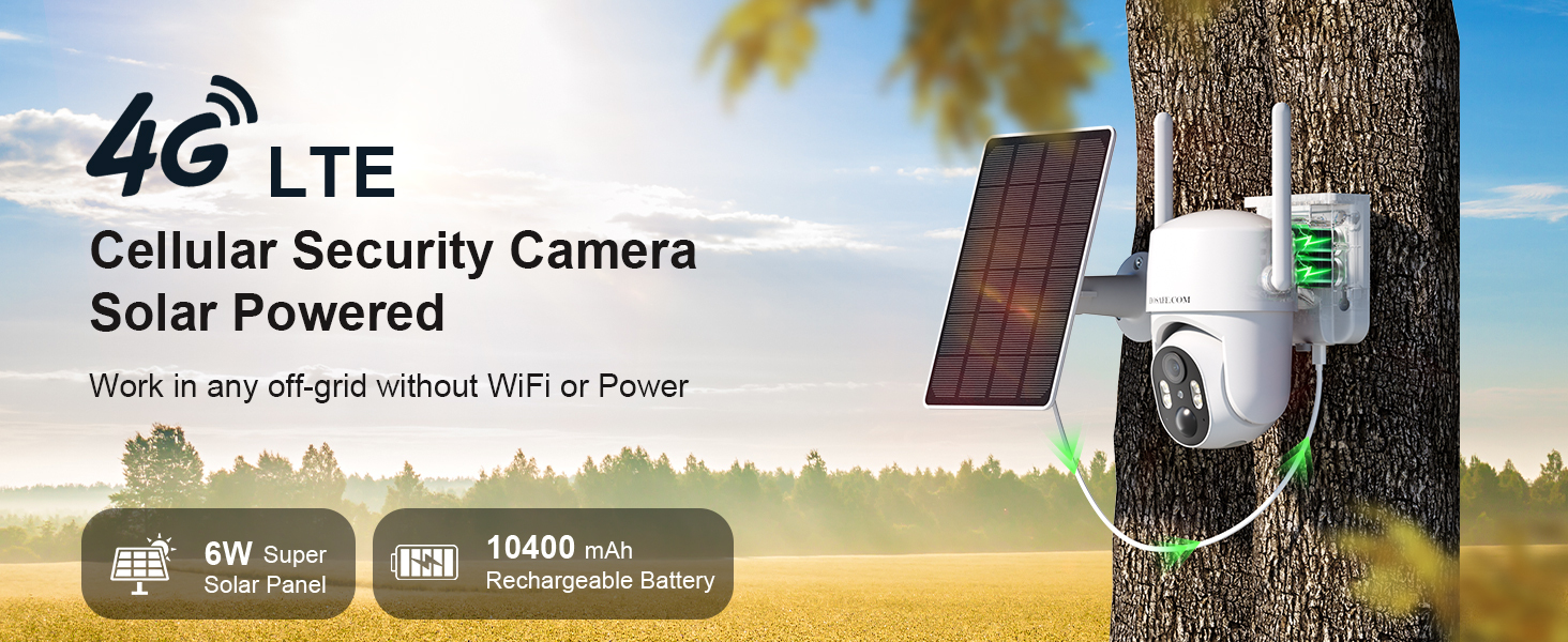 4G Cellular Wireless Outdoor Camera, Solar-Powered Security Camera, 360° PTZ Home Surveillance Camera, PIR Motion Detection, Instant Alerts, Spotlight, 2K HD Color Night Vision, Two-Way Talk, Built-in SIM Card, Includes 64GB SD Card, App Remote Control