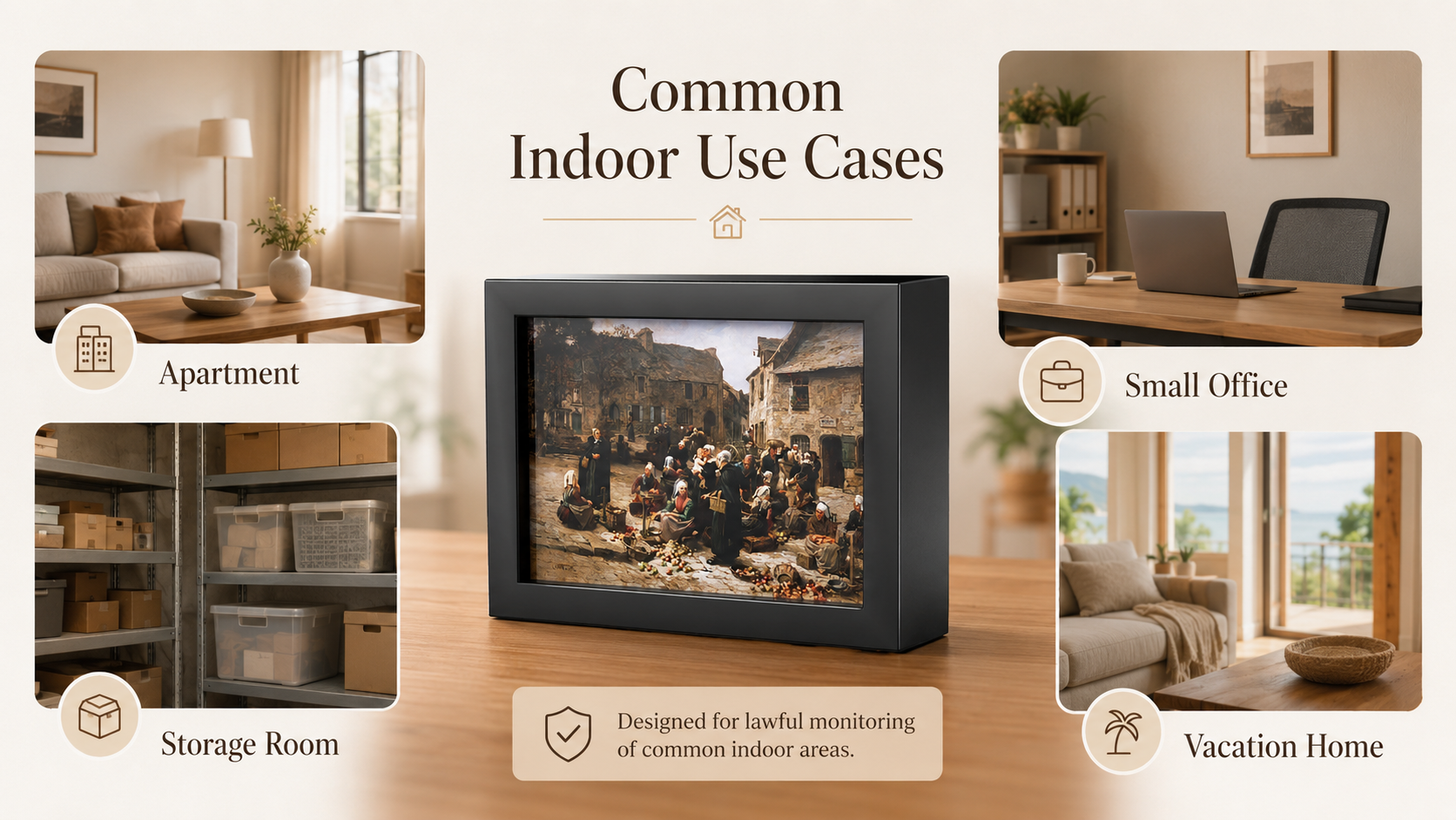 Common indoor use cases for 4G picture frame indoor camera in apartment, small office, storage room and vacation home