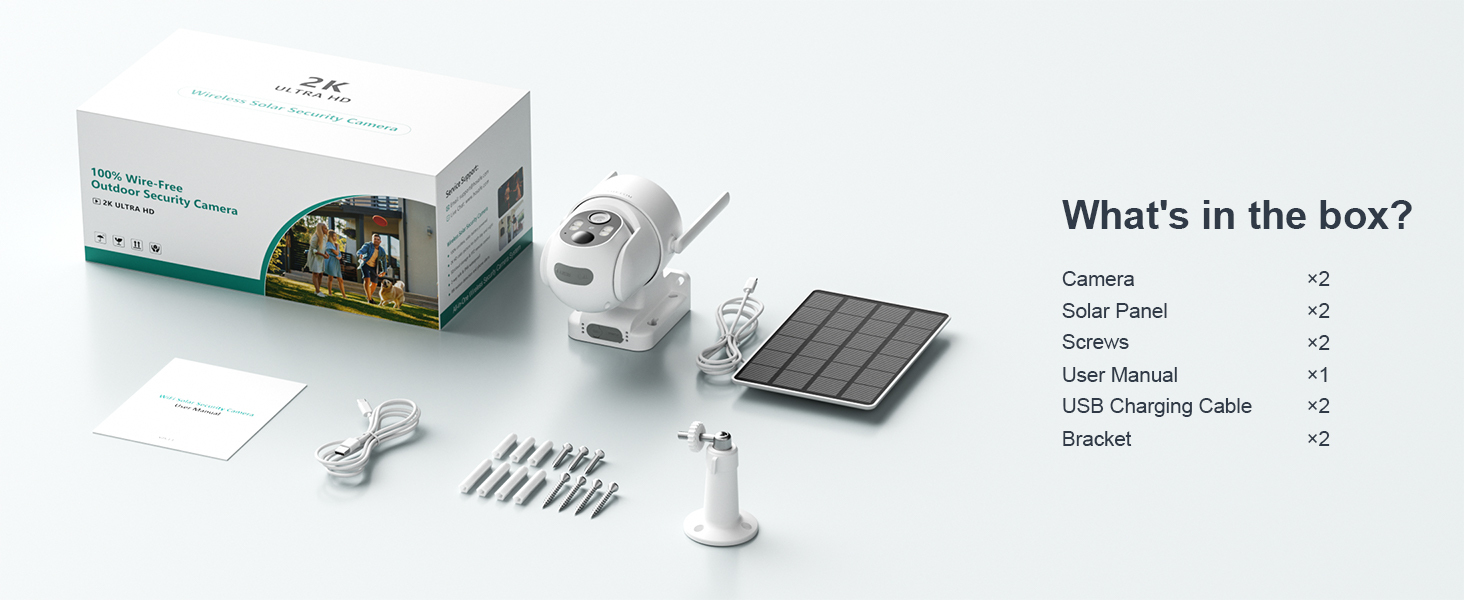 2 Pcs WiFi Camera Wireless Outdoor, Solar-Powered Security Camera, Motion Detection, Real-Time Alerts, 2K HD Color Night Vision, Two-Way Talk, 360° PTZ, SD/Cloud Storage, Remote Access, No Monthly Fee