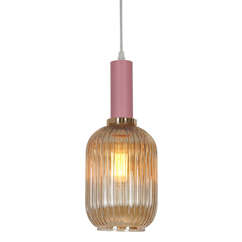 Glass Pendant light pink metal cup amber shade modern lamp