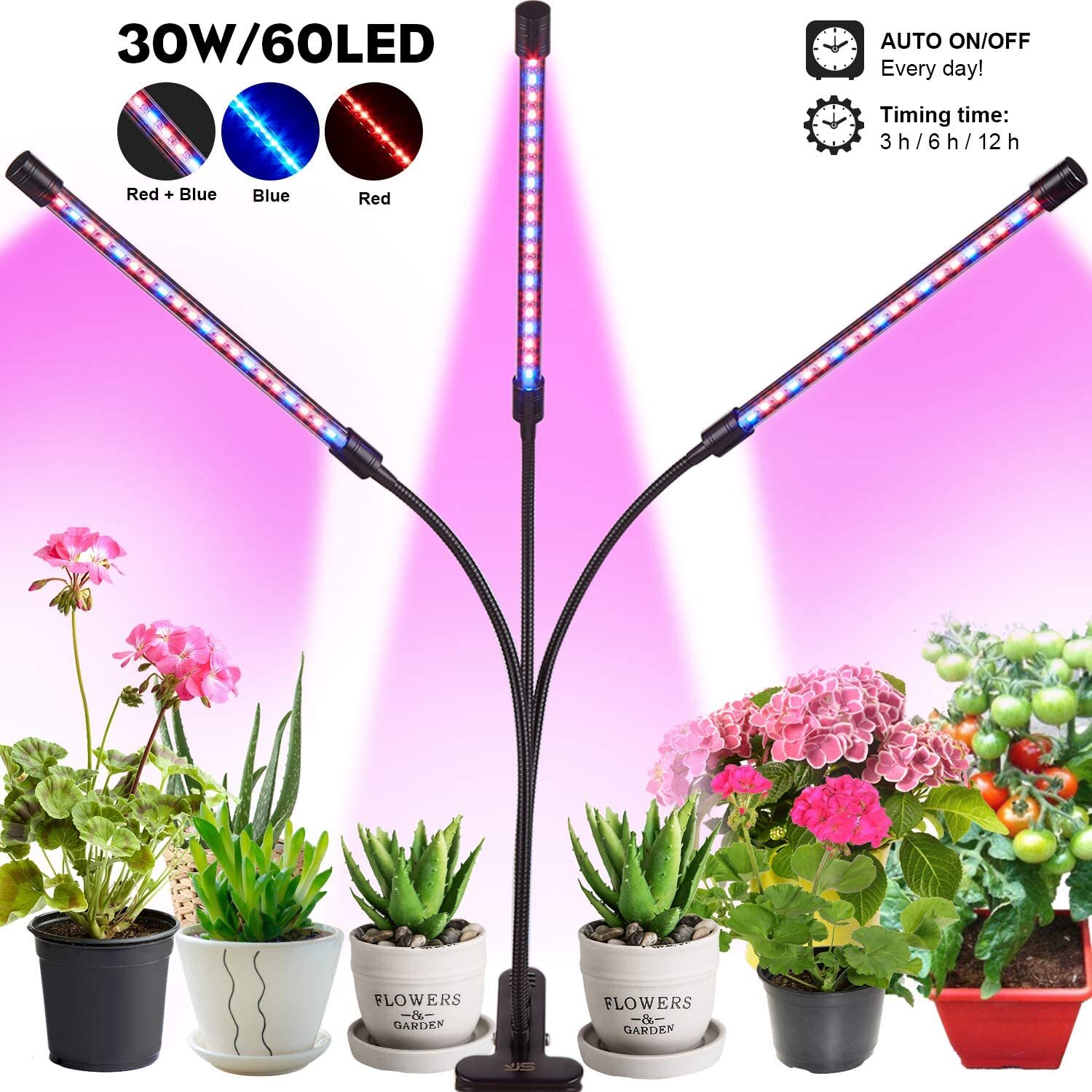 30W 60LED Dimmable Full Spectrum Grow Light 3-Head Indoor Plant Lamp with Timer