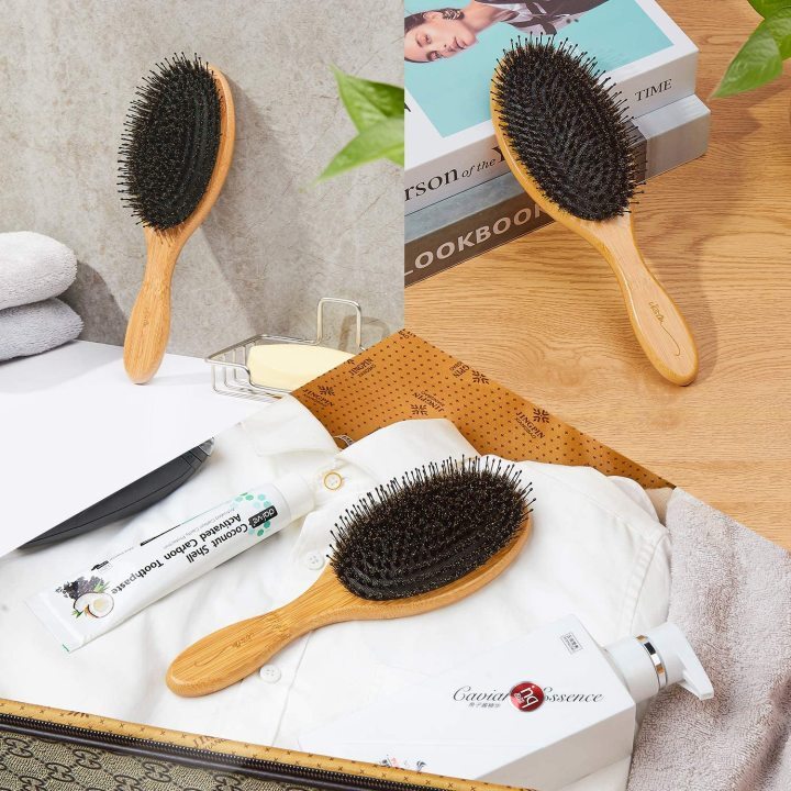 Boar Bristle Hair Brush Natural Bamboo Paddle Hairbrush With Tail Comb For Long Thick Curly Wavy Dry Or Damaged Hair Round Hair Brush Adds Shine And Makes Hair Smooth Comb Set For