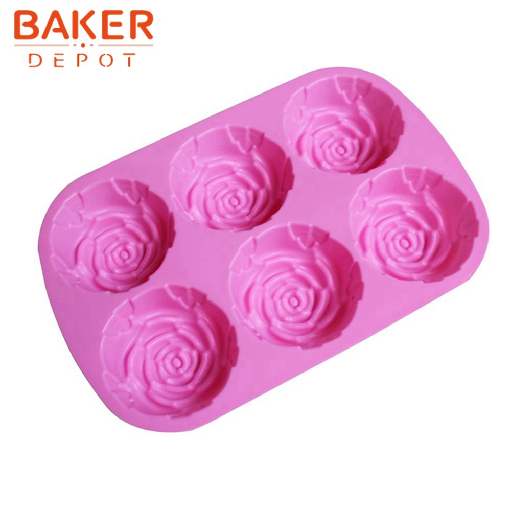 BAKER DEPOT Silicone Mold for Handmade Soap Cake Jelly Pudding Chocolate 6  Cavity Rose Flower Design, Set of 2 pink