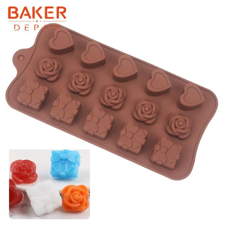 BAKER DEPOT Chocolate mold silicone mold for candy biscuit flower gummy  sugar ice tray cake decoration tool 15 cavity Set of 6