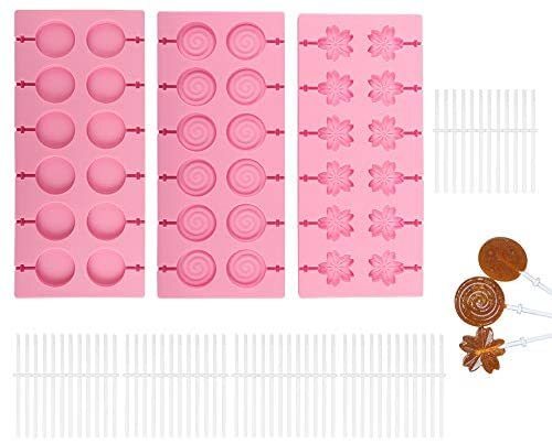 3 Pack Silicone Lollipop Molds 12 Cavity Round Cherry Blossoms Swirl Chocolate  Hard Candy Mold with