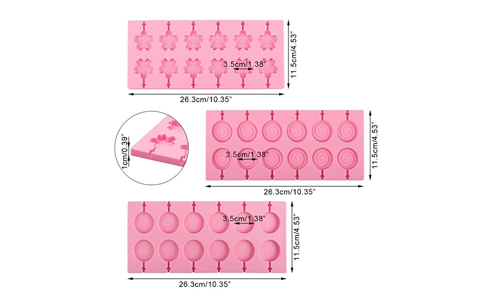 3 Pack Silicone Lollipop Molds 12 Cavity Round Cherry Blossoms Swirl Chocolate  Hard Candy Mold with 60 Pcs Sucker Sticks