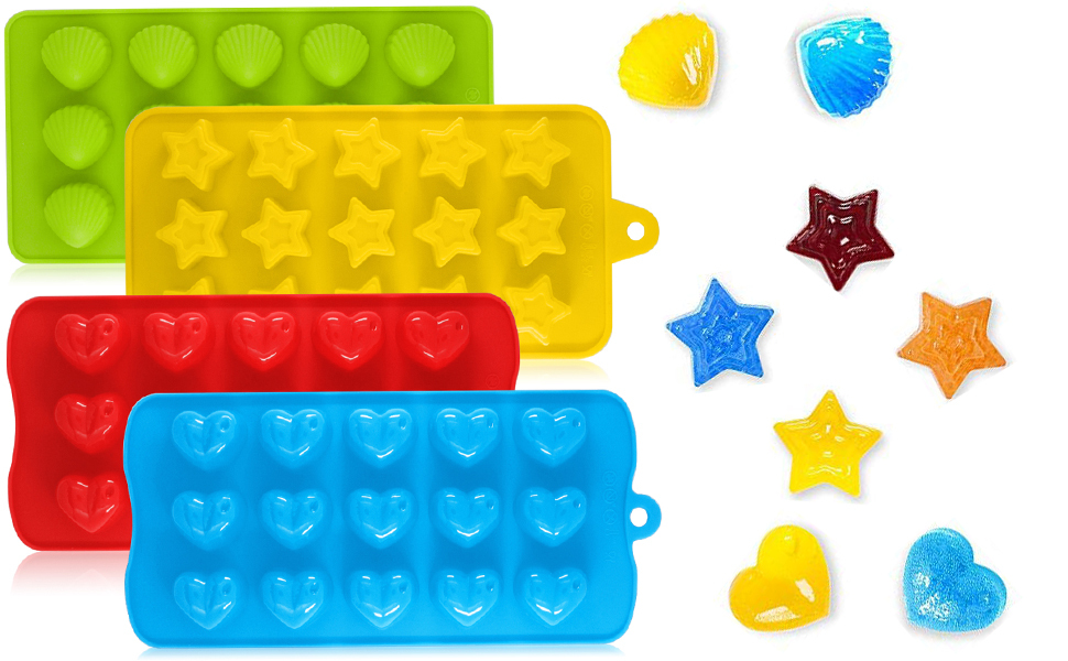 Candy Molds & Silicone Chocolate Mold | Jello & Ice Cube Trays | Set of 4Hearts, Stars, Shells