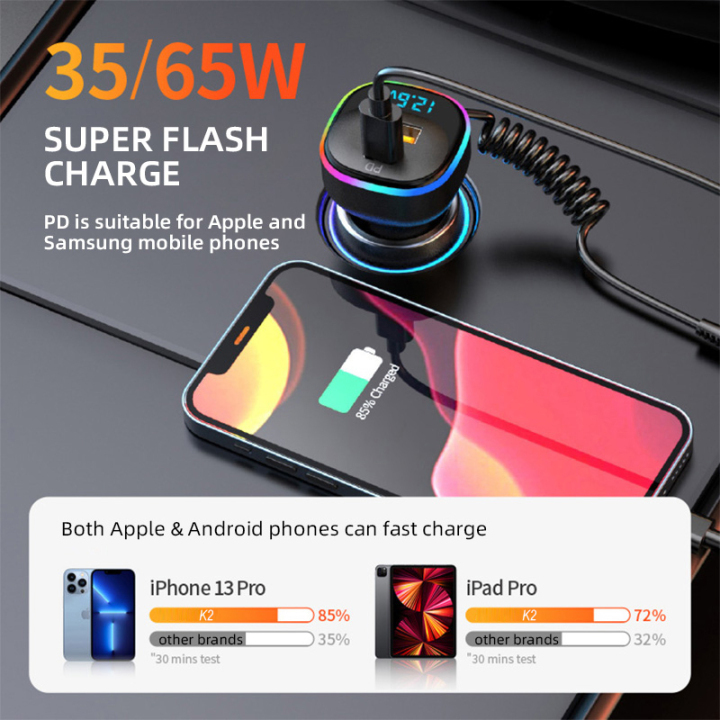 K2 USB Car Charger 36/65W Quick Charging 3 IN 1 Charging Cable