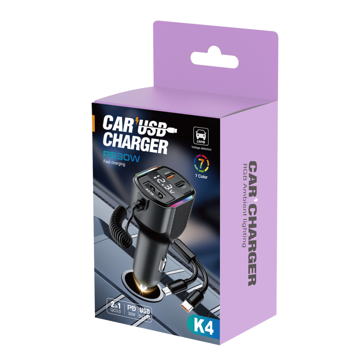 K4 30W Car Charger Hands-Free MP3 Charging Cable