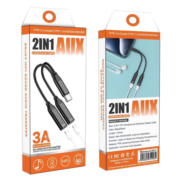 AC08CC Type-C 2 In 1 Audio And Charging Cable Adaptor iPhone With Box