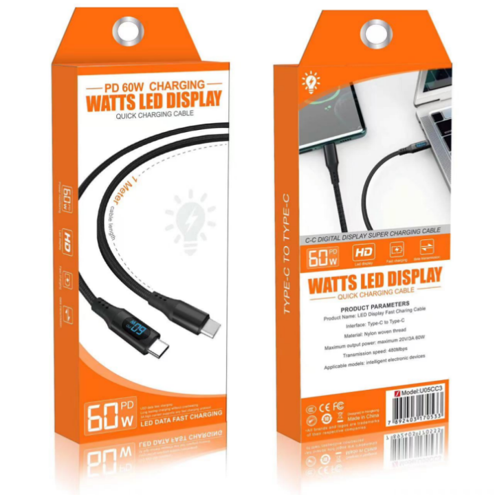 U05CC iPhone 60W USB-C Lightning LED Display Knit Charging Data Cable With Box