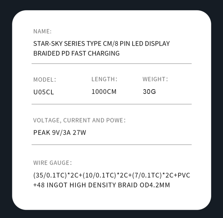 U05CL iPhone 27W USB-C Lightning LED Display Knit Charging Data Cable With Box