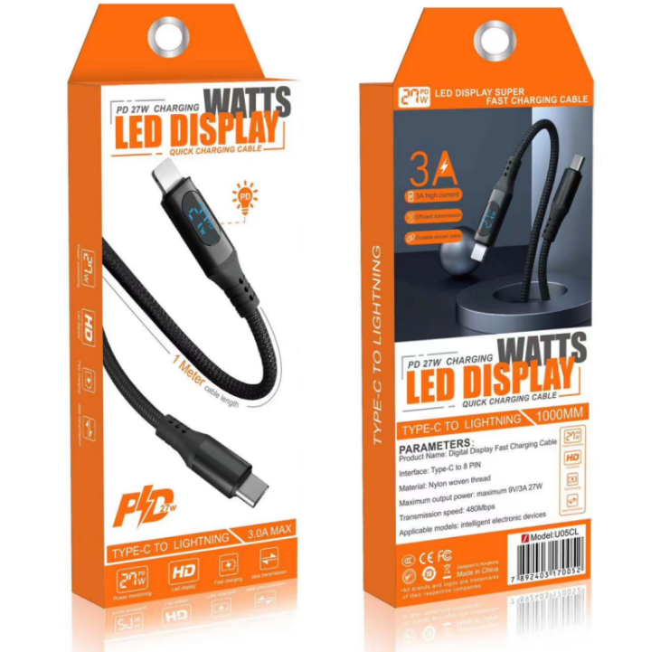 U05CL iPhone 27W USB-C Lightning LED Display Knit Charging Data Cable With Box