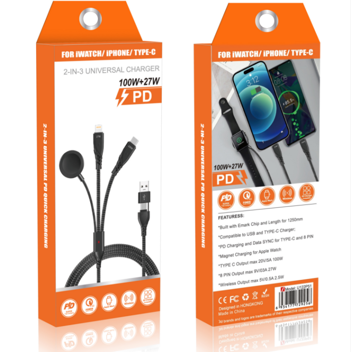 U122P51 iPhone Type C+Lightning+iWatch 100W+27W Fast Charging Cable With Box