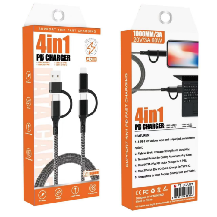 UCA121 iPhone Multiple Interfaces Fast Charging Cable 4 In 1 Braided With Box