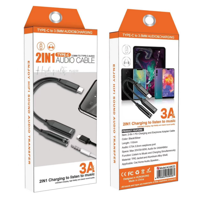 AC08CD Type-C 2 In 1 3.5MM Audio And Charging Cable Adaptor iPhone With Box