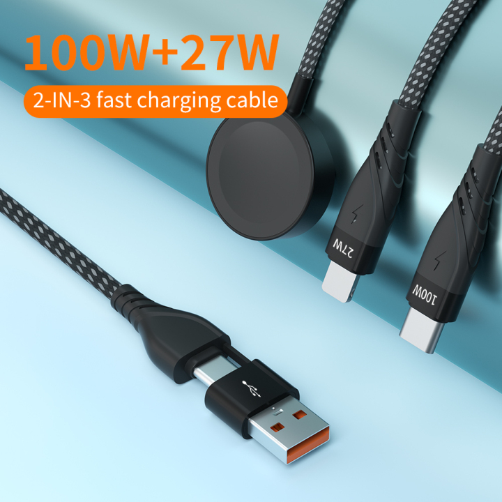 U122P51 iPhone Type C+Lightning+iWatch 100W+27W Fast Charging Cable With Box