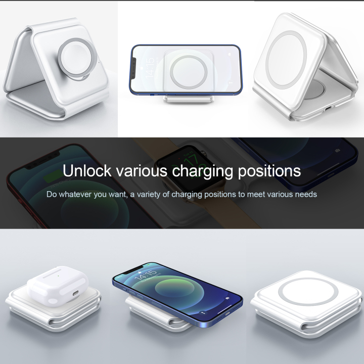 W07 15W Wireless Charger 3 In 1 Foldable MagSafe Watch+AirPods+iPhone