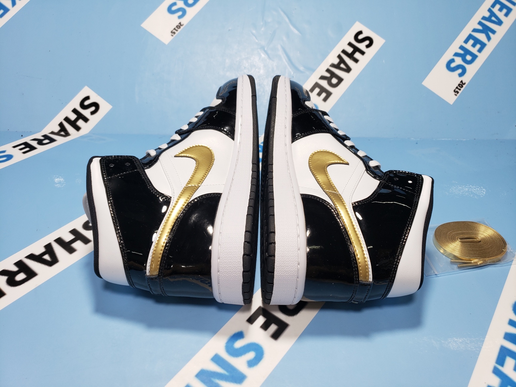 2019 Discount Jordan 1 Mid Patent Leather Black White Gold For Sale
