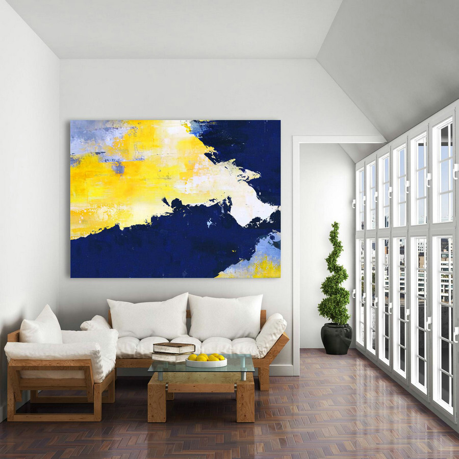 Navy Blue And Yellow Contemporary Canvas Wall Art Living