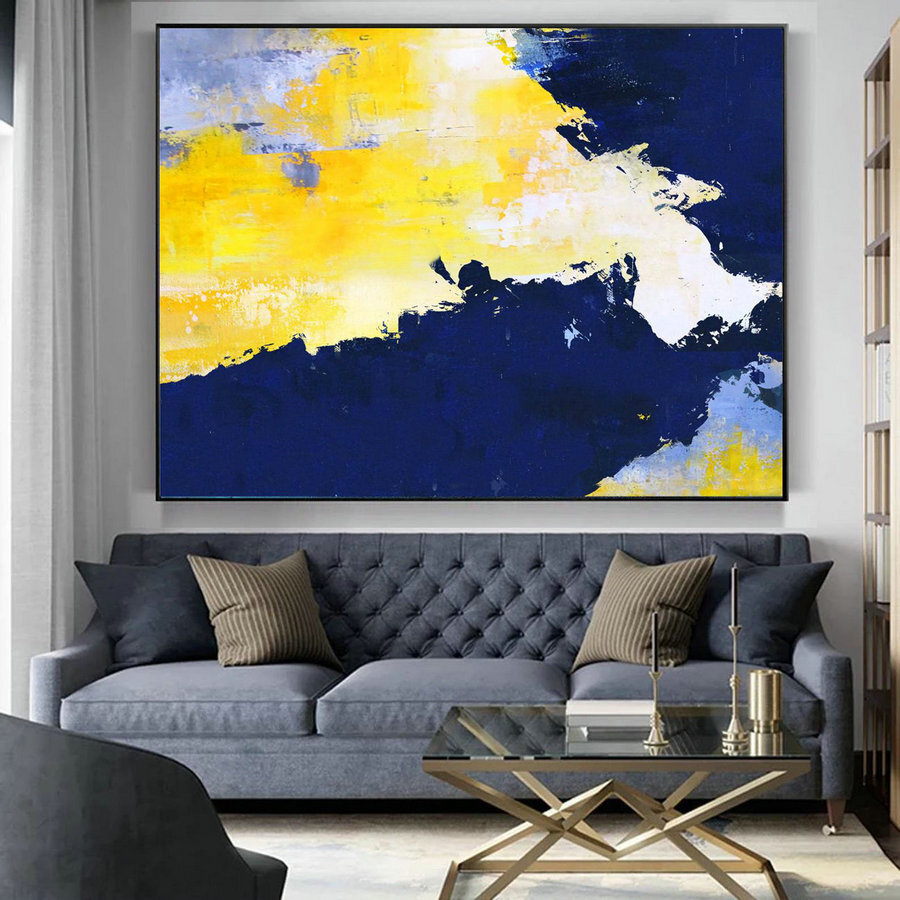 Navy Blue And Yellow Contemporary Canvas Wall Art Living