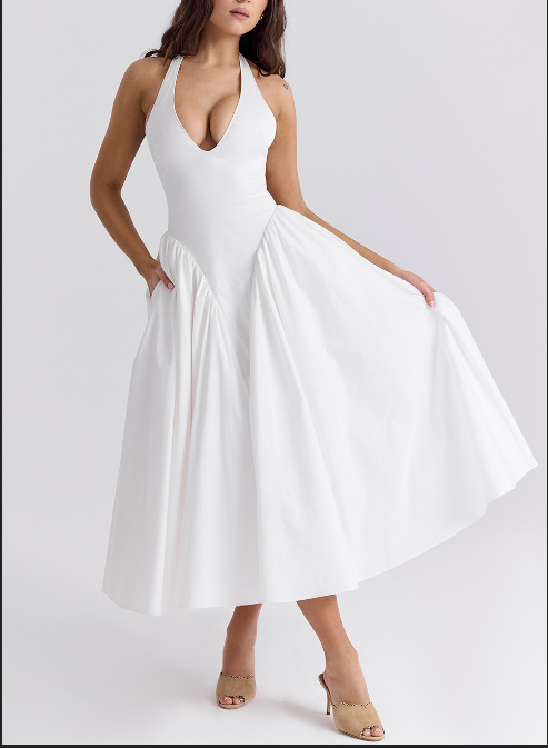 White Halter Midi Sundress