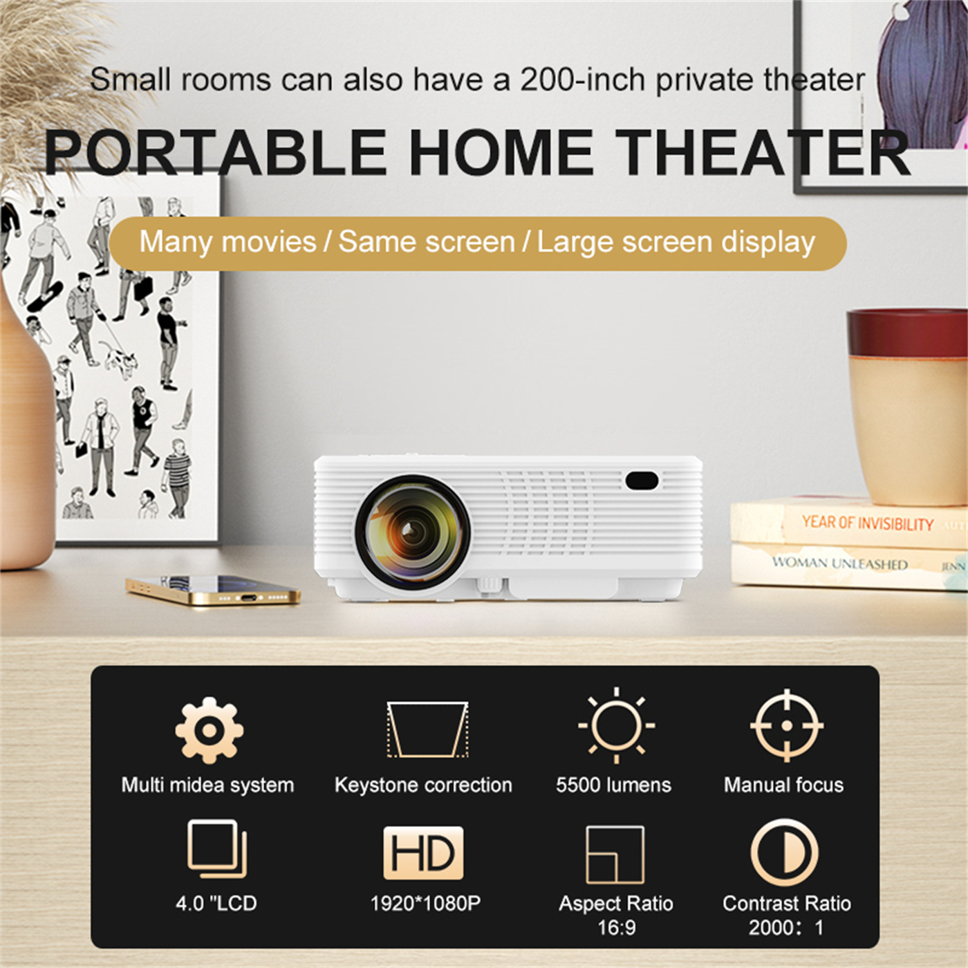 250 Ansi Lumin 2K 720P Full HD Video Proyector Home Cinema Home Theater Smart Phone Projector Mini Big Screen Beamer  