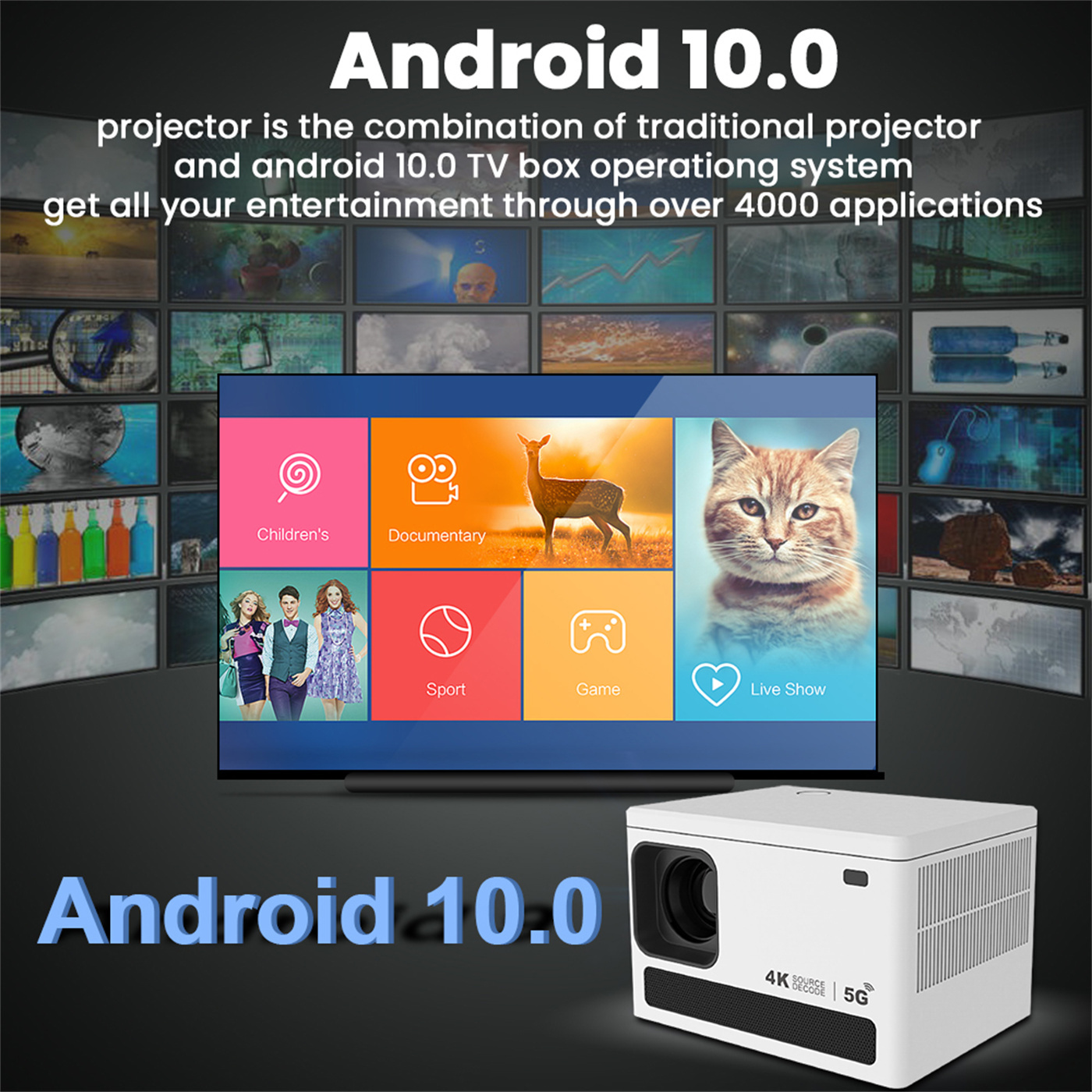 MOQ 200PCS / 200 ANSI Lumins Smart Portable Projector Quad Core Android 9 Dual WIFI 2K Video 720P Home Theater Projector 1GB+8GB Memory White / Grey  