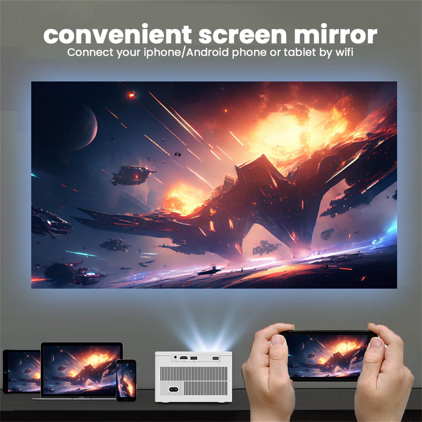 MOQ 200PCS / 200 ANSI Lumins Smart Portable Projector Quad Core Android 9 Dual WIFI 2K Video 720P Home Theater Projector 1GB+8GB Memory White / Grey  