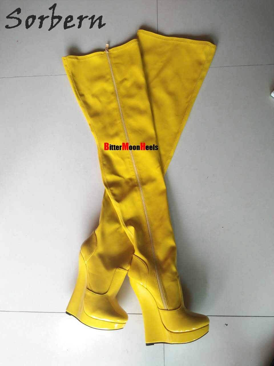 yellow wedge boots