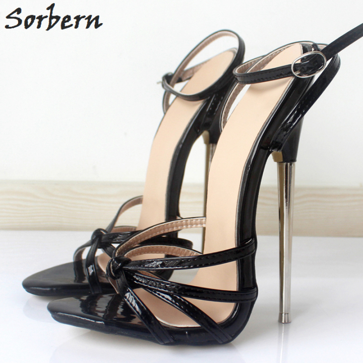 Women's Open Toed Shoes - 4 Heels / Metal Ankle Cuffs / Black