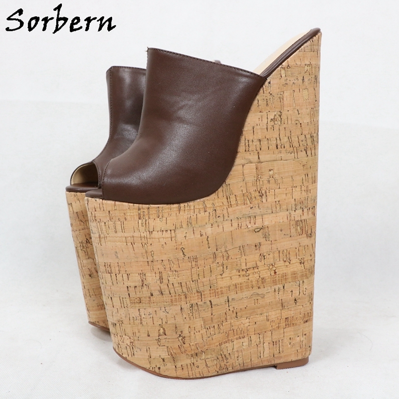 Sorbern Coffee 30cm Extreme High Heel Wedges Mules Women Shoes 