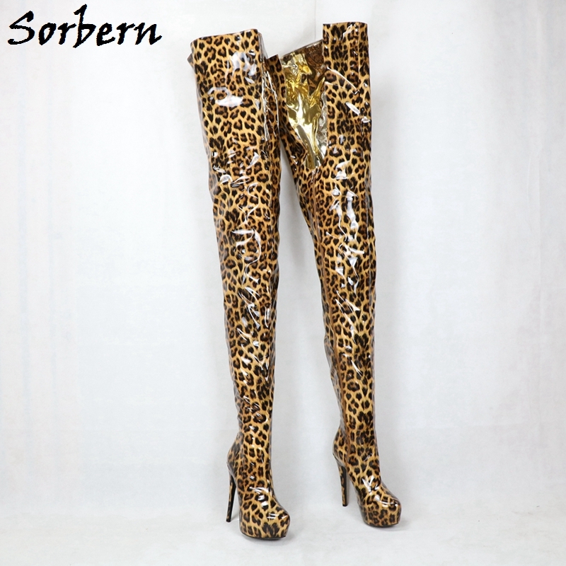 Sorbern Leopard Shiny Crotch Thigh High Boots Over The Knee Women Shoes