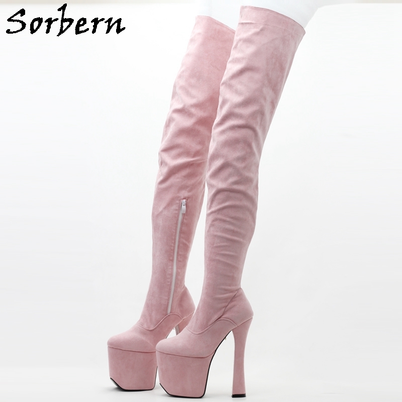 Sorbern Pear Pink Ladies Boots Block Heels 8 Inch Chunky Heel Long Mid Thigh High Boot