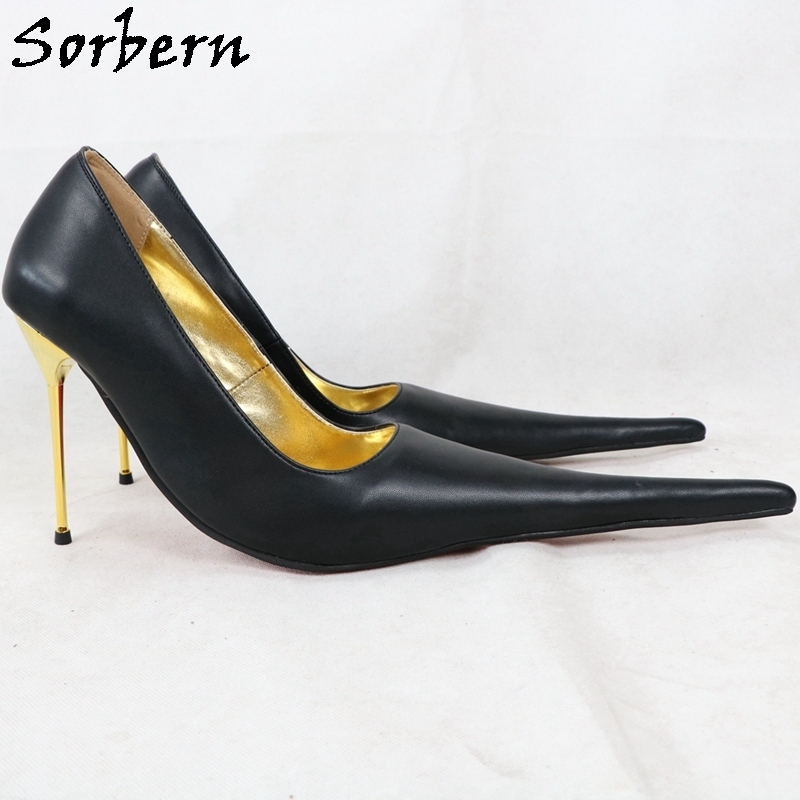 Sorbern 12Cm Gold Cigarette Heels Pump Shoes Women Long Pointed Toe