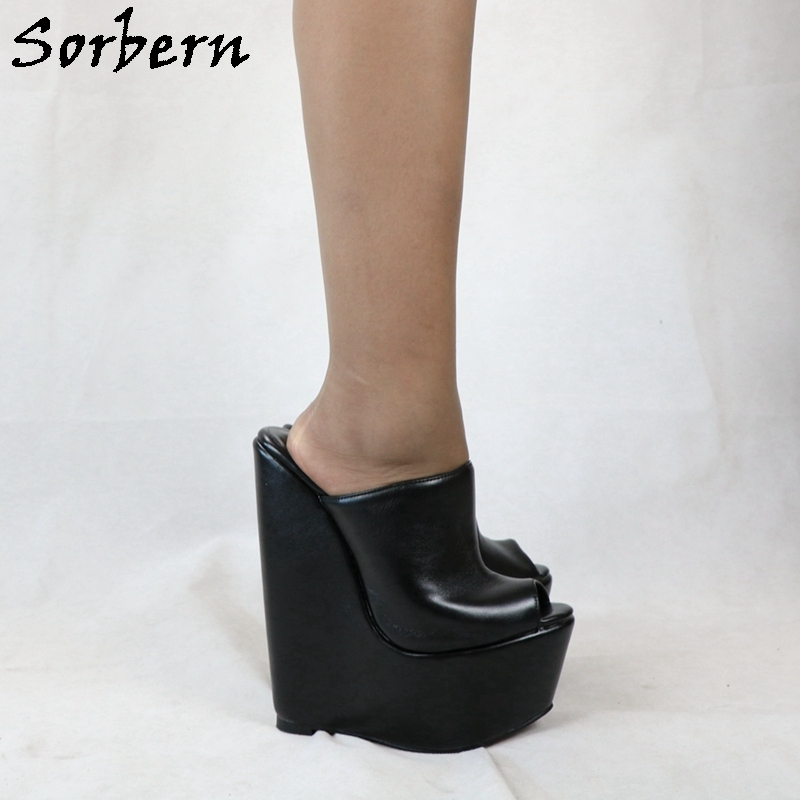 Sorbern Open Toe Black Wedge Mules Pump High Heel Platform Shoe For Ladyboy Heels 7016