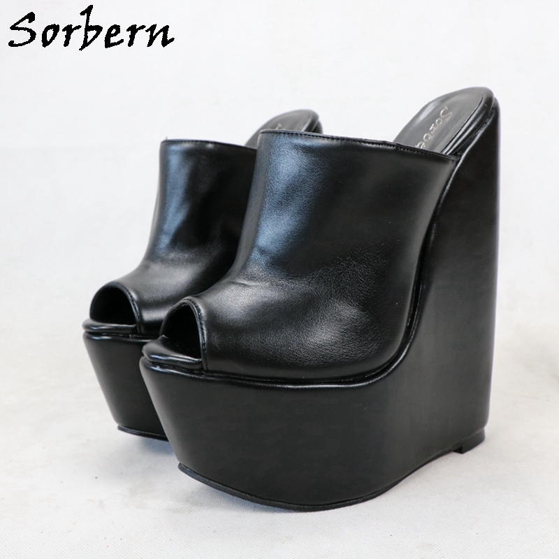 Sorbern Open Toe Black Wedge Mules Pump High Heel Platform Shoe For ...