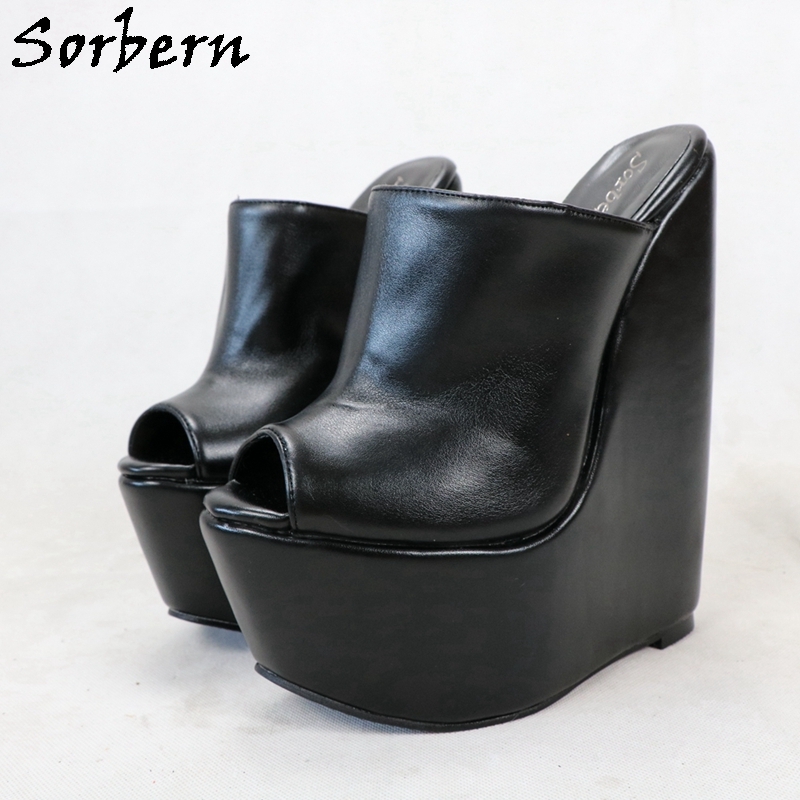 Sorbern Open Toe Black Wedge Mules Pump High Heel Platform Shoe For Ladyboy Heels 6749