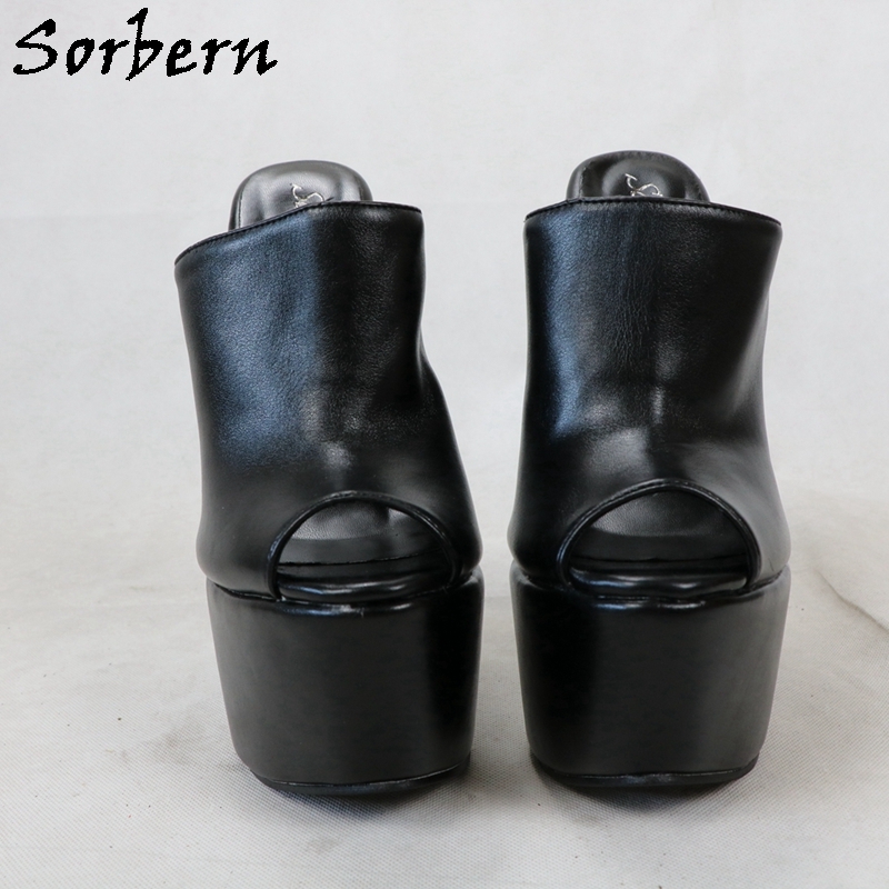 Sorbern Open Toe Black Wedge Mules Pump High Heel Platform Shoe For Ladyboy Heels 3519