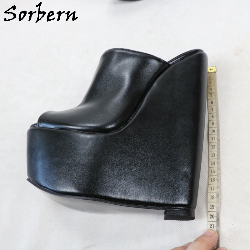 Sorbern Open Toe Black Wedge Mules Pump High Heel Platform Shoe For Ladyboy Heels 2682