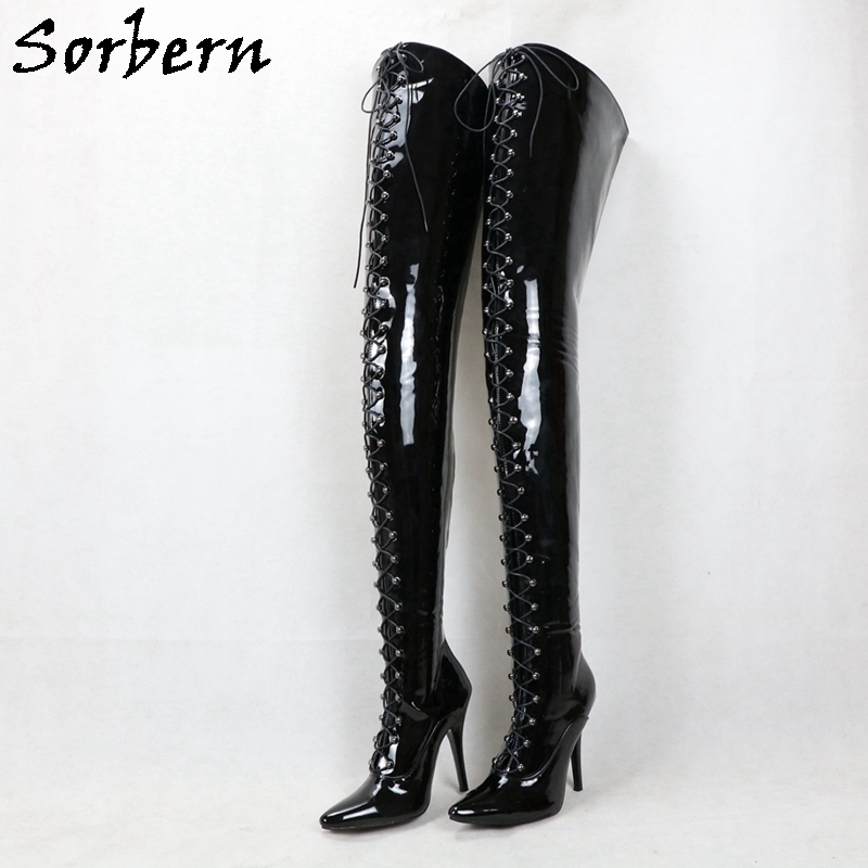 Sorbern Black Patent Crotch Thigh Boots Ladies Customized Wide Fit Lace ...
