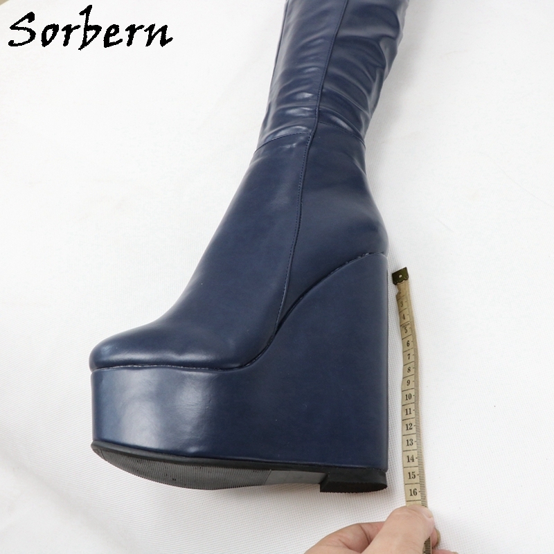 Sorbern Navy Blue Crotch Thigh Boots Women Wedges High Heel Platform 2996