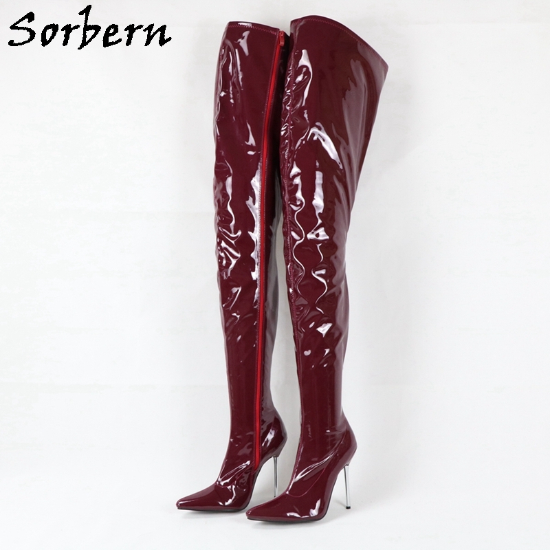 Sorbern Brown Red Patent Crotch Thigh High Boots Women Metal Heels
