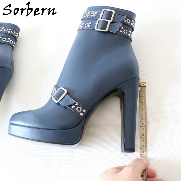 Sorbern Navy Blue Ankle Boots For Women Platform Rivets Punk Style