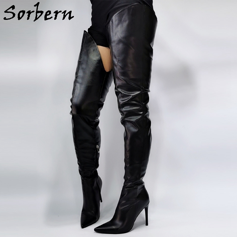 Sorbern Asymmetry Crotch Thigh High Boots Short Inside Long Outside Unisex