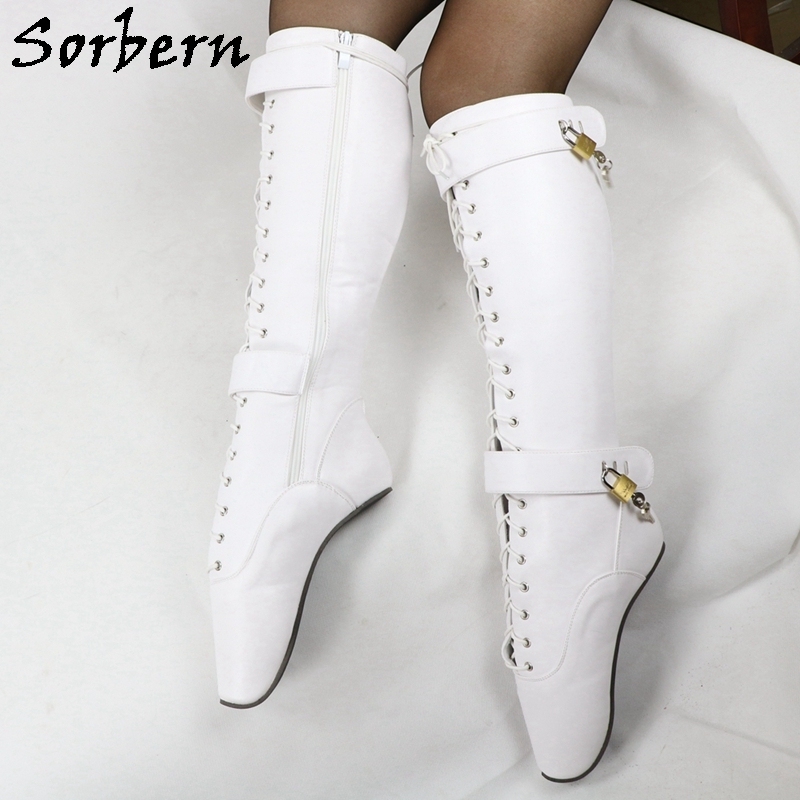 Sorbern Lockable Heelless Lace Up Med Calf Boots Women Ballet Heels Fetish Boots 4 Padlock