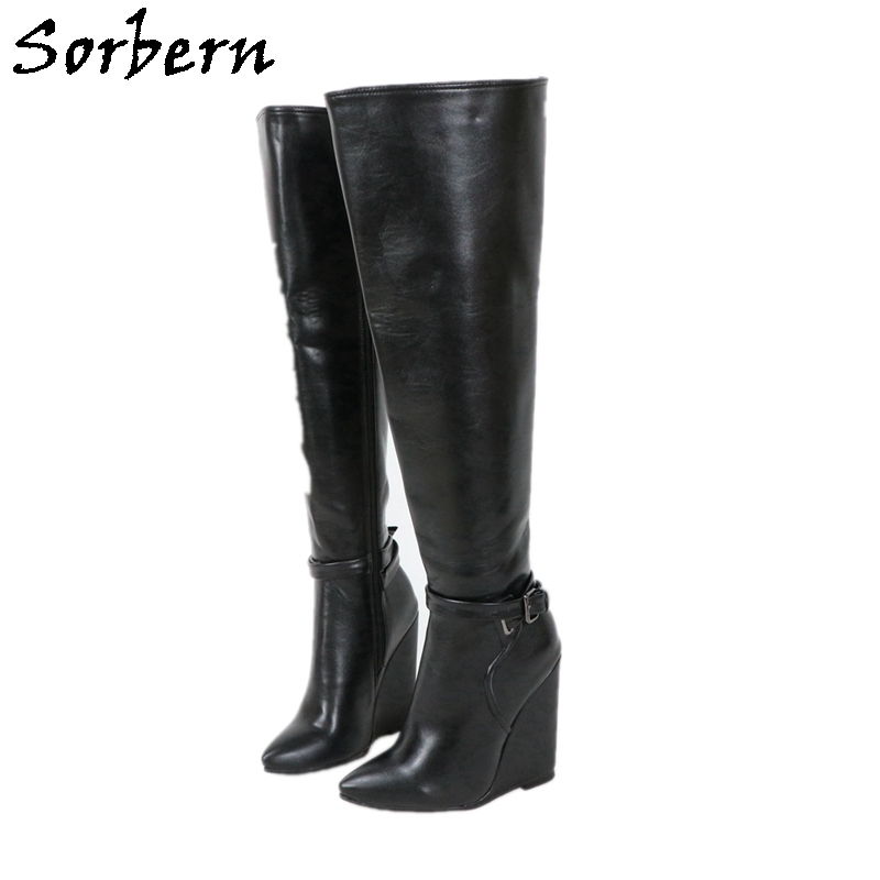 Sorbern Fashion Knee High Boots Wedge High Heels Zip Up Ladies