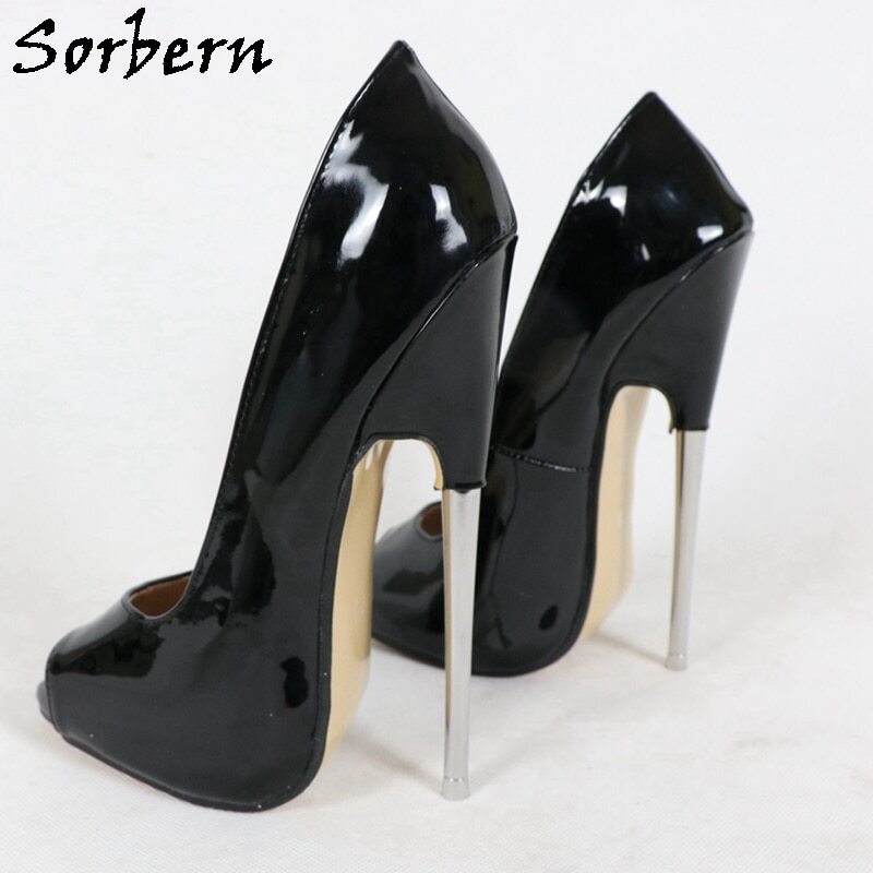 Sorbern Black Women Pumps Metal High Heels 18Cm Sexy Fetish Lady Boy Peep Toe Heeled Unisex Slip On Crossdresser Shoes Custom