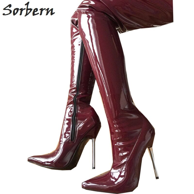 Sorbern Metallic 15Cm High Heel Women Boots Crotch Thigh High Unisex Ladyboy Boot Lace Up 4 Straps Buckles Pole Dance Heels