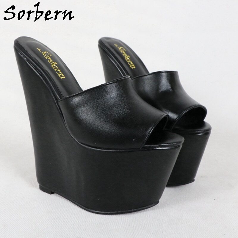 Sorbern Black Matt Women Wedge Slippers Platform Big Open Toe Sli On Slides Female Summer Style High Heels 17Cm Custom Color
